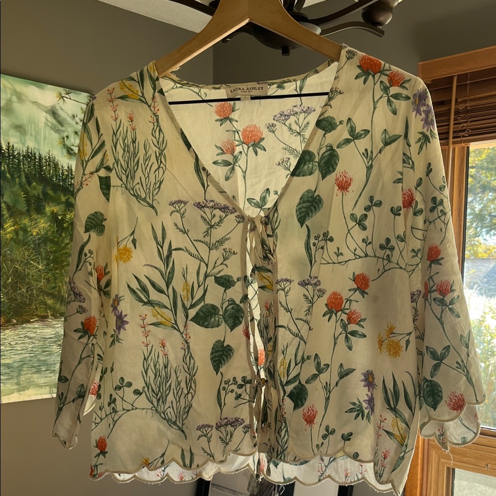 Anthropologie Floral Tie-Front Blouse - Cream and Green